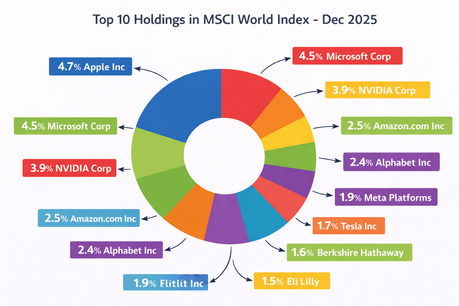 MSCI World Index TRI portfolio holdings distribution showing global technology and multinational companies as of December 2025